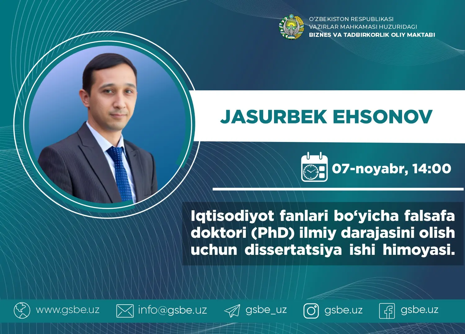 Ehsonov Jasurbek Rustamovichning iqtisodiyot fanlari bo‘yicha falsafa doktori (PhD) dissertasiya ishi himoyasi to‘g‘risida